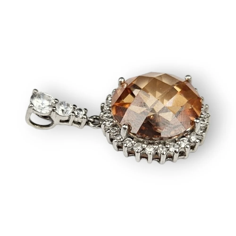 Sterling CZ Halo Pendant Faceted Amber Glass Pave White 925 Silver Drop 1 1/8